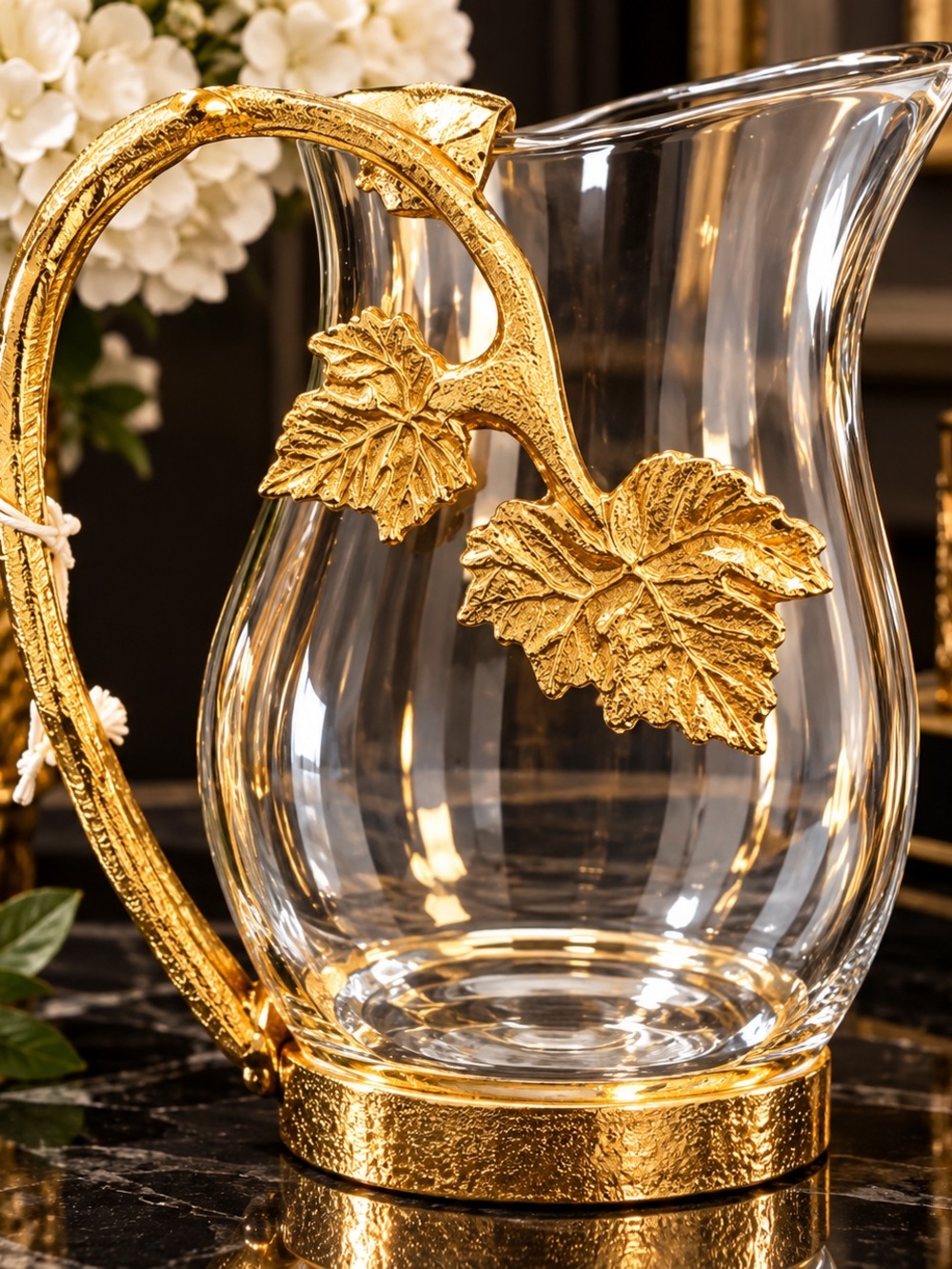 Gold-Accented Glass Pitcher with Leaf Handle - Elegant Home Accent